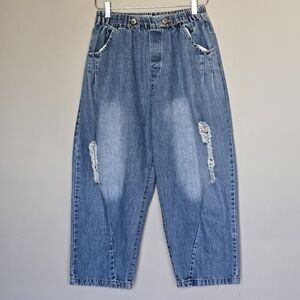 Boho Balloon Barrel Leg Cropped Blue Pull-On Slouchy Distressed Jeans